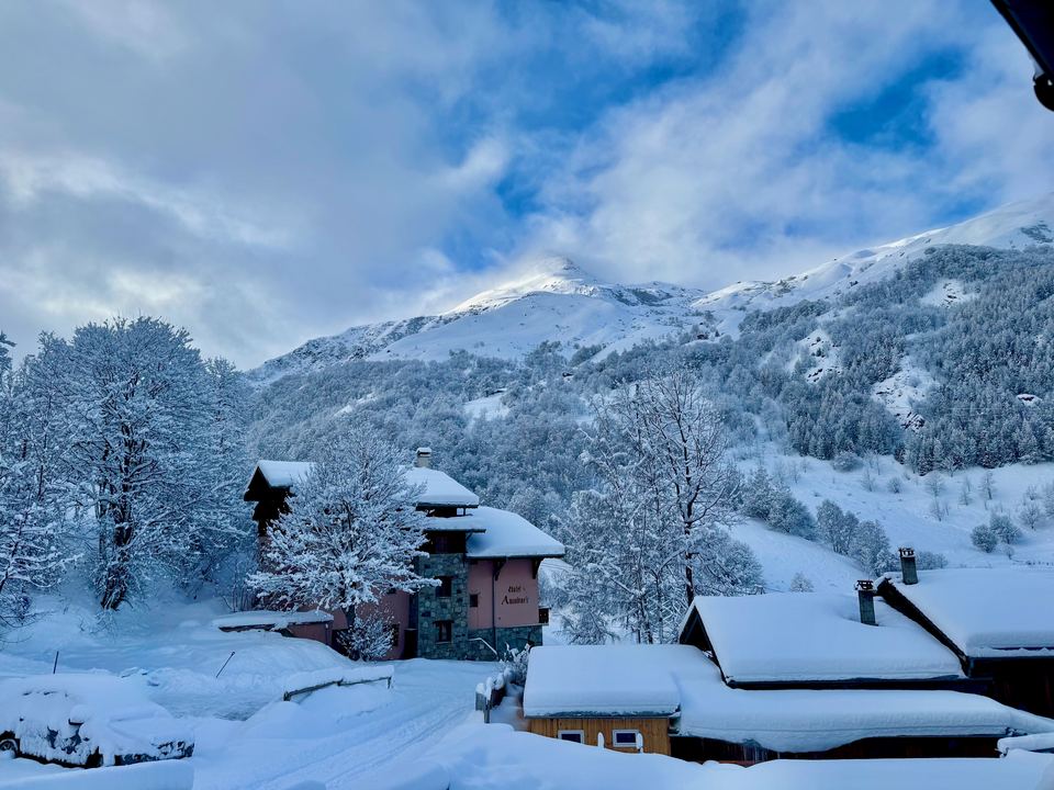 Fresh snow over the hamlet, view from the upper terrace.